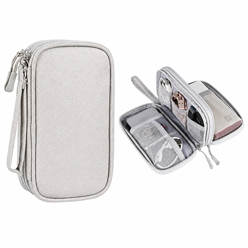 gray double cable organizer, closed and open
